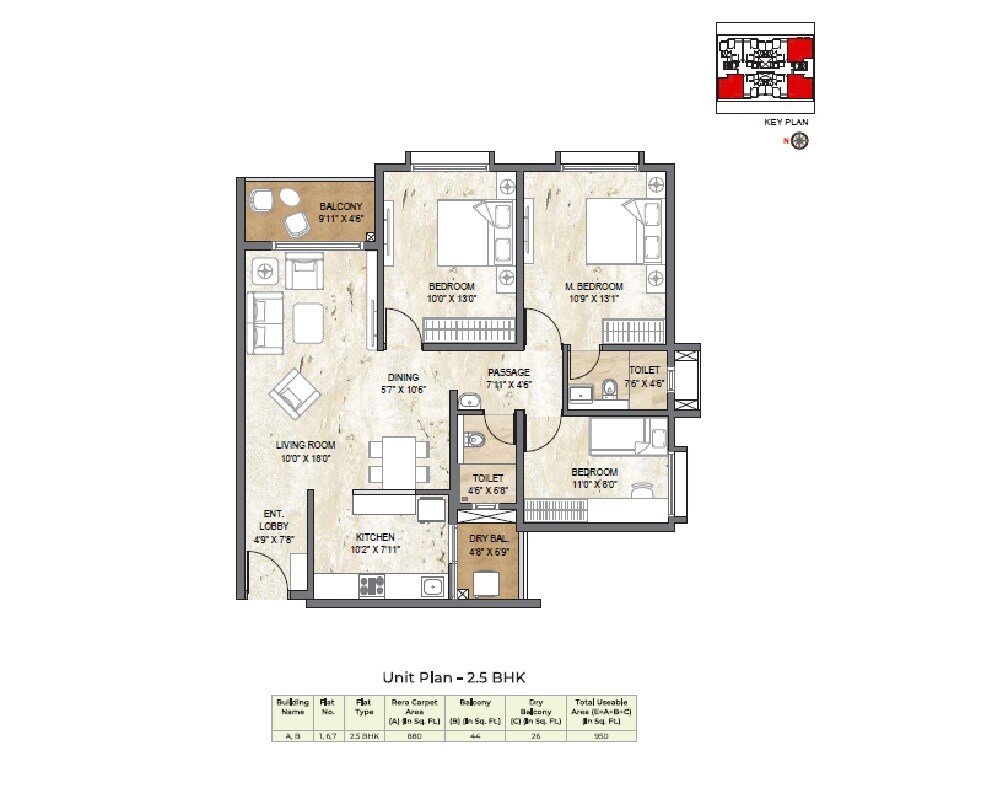 Floor plan of 2 BHK 950 Sq. Ft. Apartment in Pride World City Soho, Pune