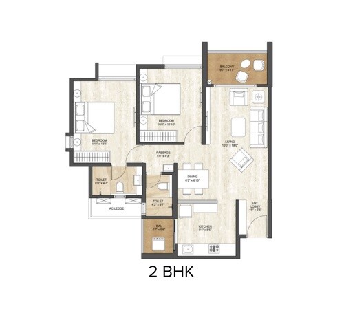 Floor plan of 2 BHK 785 Sq. Ft. Apartment in Pride World City Wellington, Pune