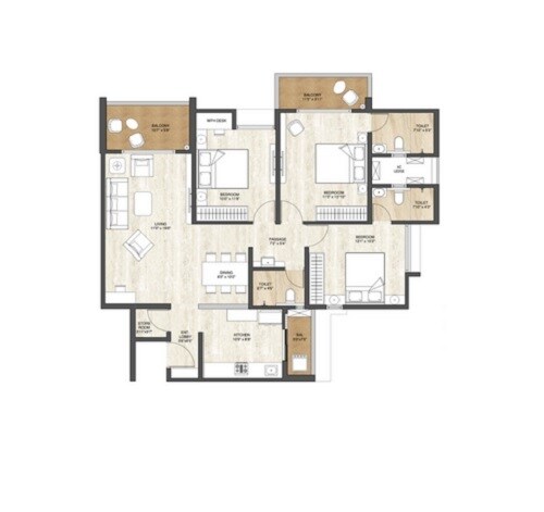 Floor plan of 3 BHK 1156 Sq. Ft. Apartment in Pride World City Wellington, Pune