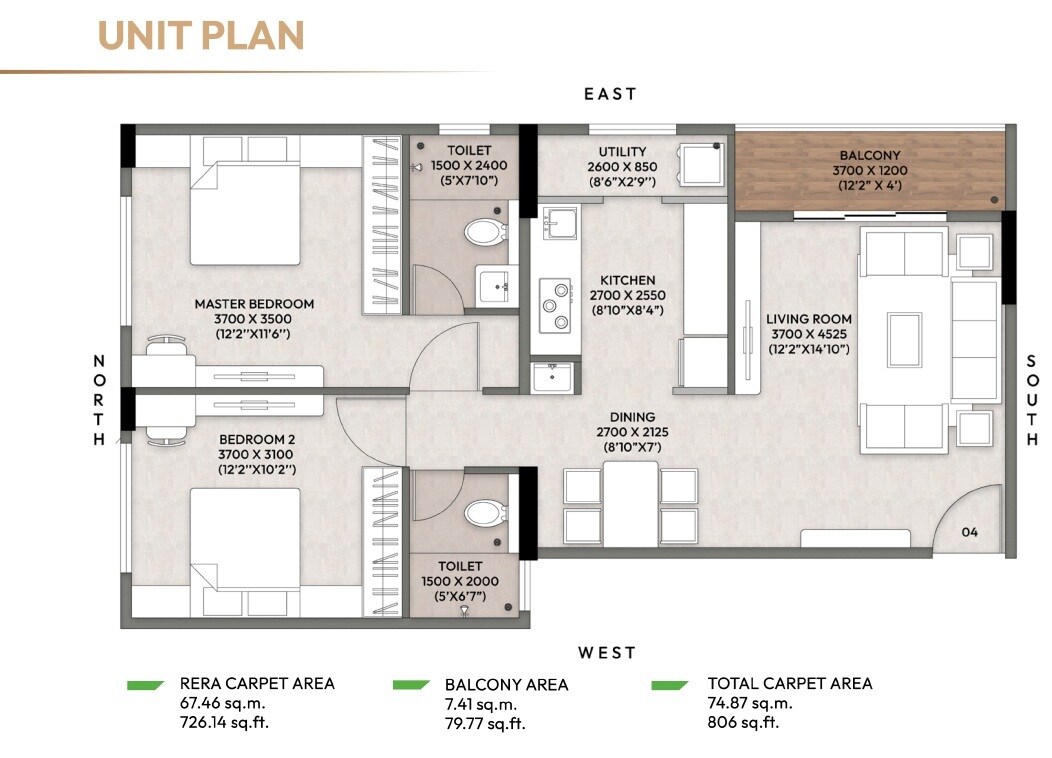 Floor plan of 2 BHK 808 Sq. Ft. Apartment in Prima Imperia, Pune