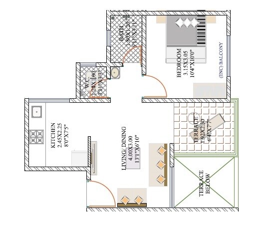 1 BHK 397 Sq. Ft. Apartment