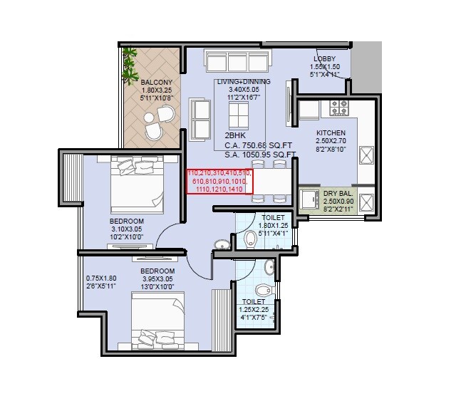 Floor plan of 2 BHK 905 Sq. Ft. Apartment in Primal Saundaryam, Pune