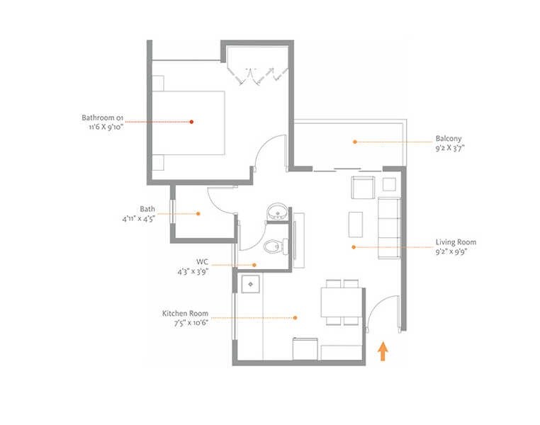 Floor plan of 1 BHK 509 Sq. Ft. Apartment in Primary Pranam, Pune