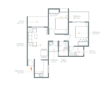 Floor plan of 2 BHK 790 Sq. Ft. Apartment in Primary Pranam, Pune