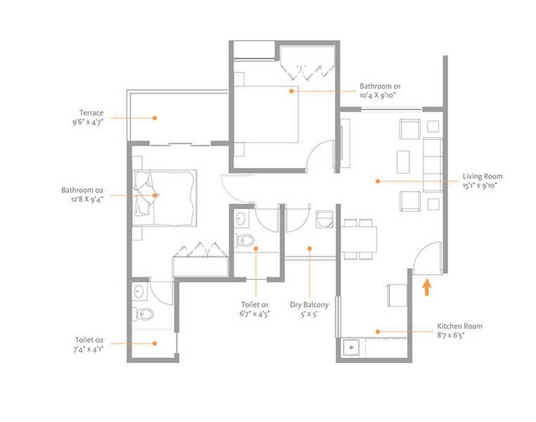 Floor plan of 2 BHK 819 Sq. Ft. Apartment in Primary Pranam, Pune