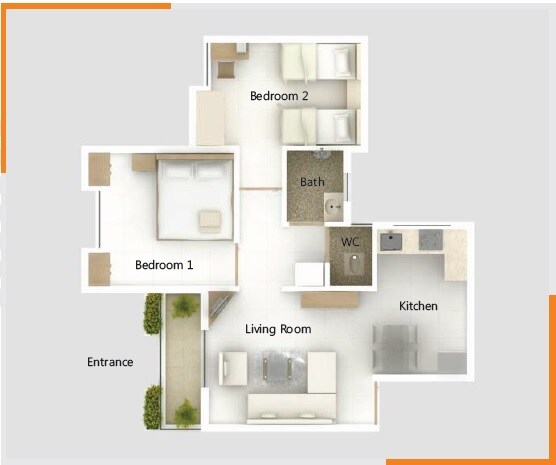 Floor plan of 2 BHK 502 Sq. Ft. Apartment in Primary Pratham, Pune