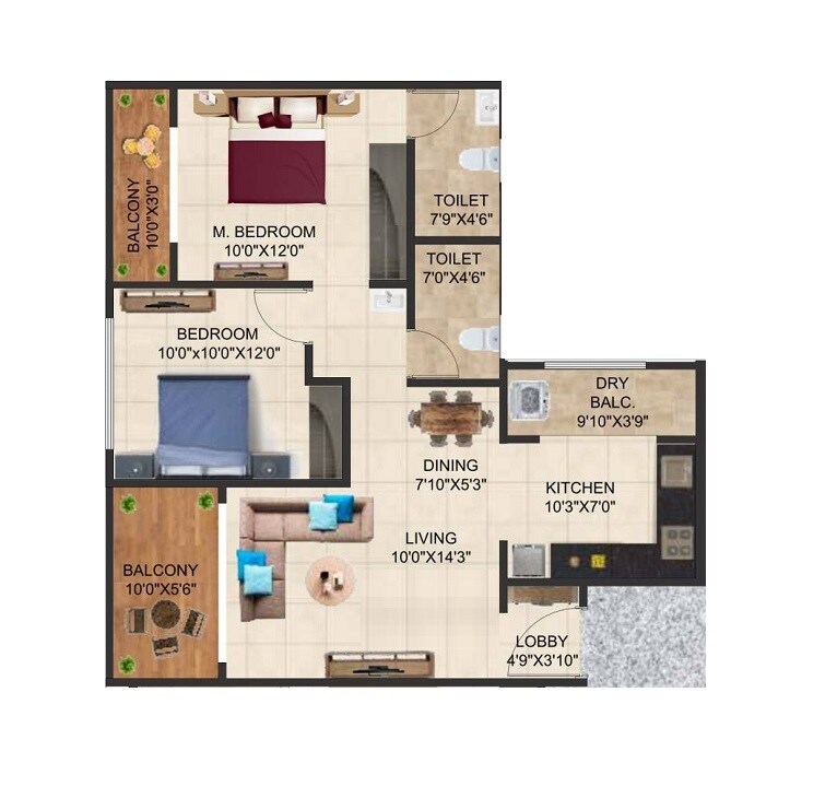 Floor plan of 2 BHK 751 Sq. Ft. Apartment in Prime Serenity, Pune