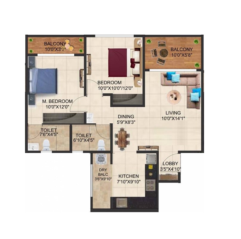 Floor plan of 2 BHK 760 Sq. Ft. Apartment in Prime Serenity, Pune