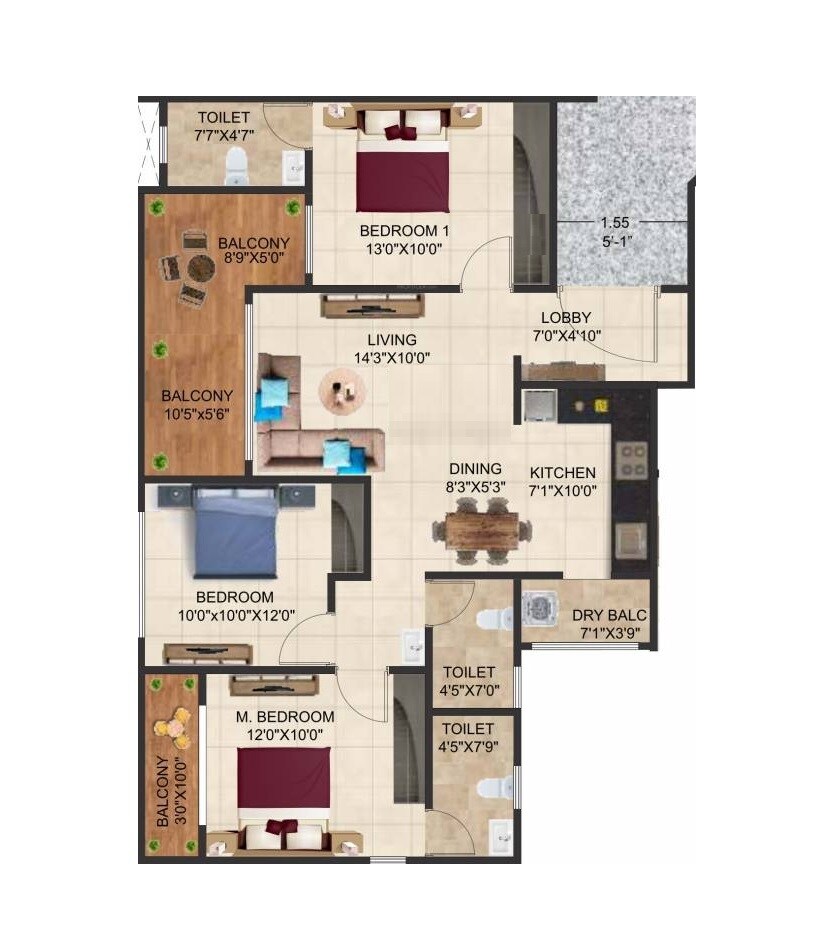 Floor plan of 3 BHK 974 Sq. Ft. Apartment in Prime Serenity, Pune