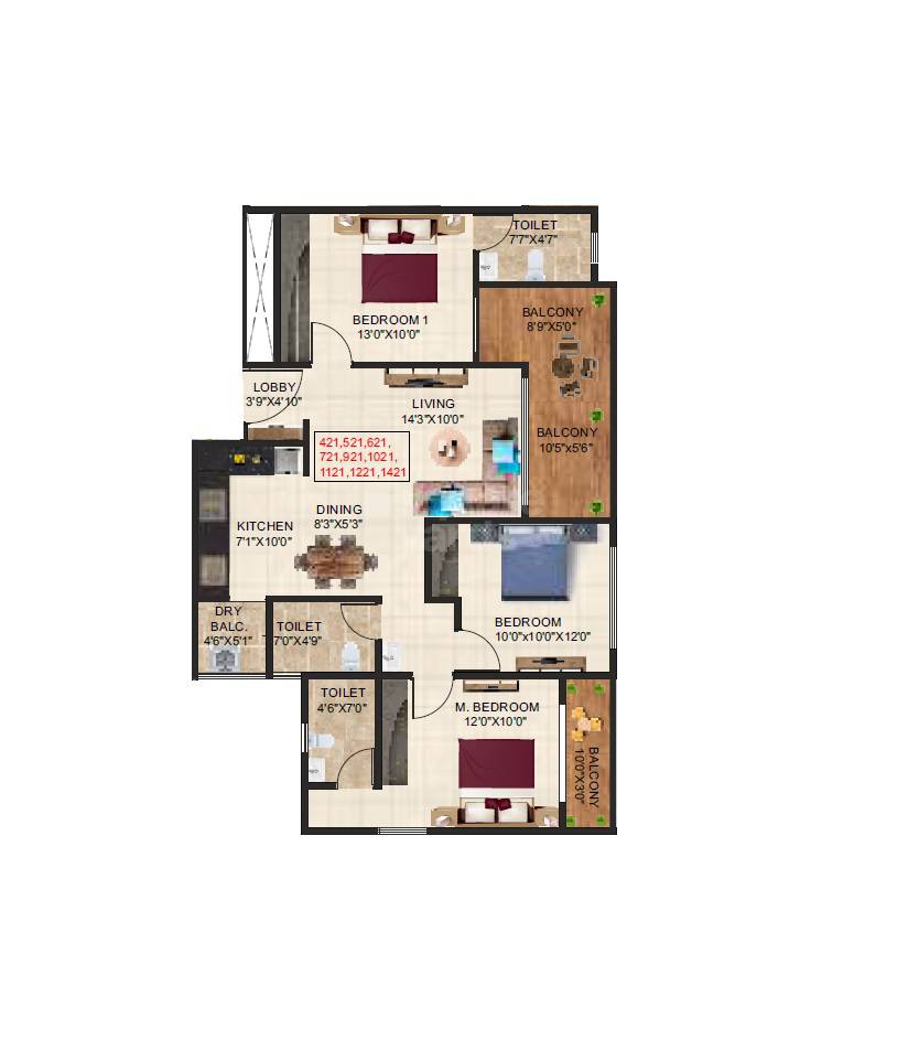 Floor plan of 3 BHK 991 Sq. Ft. Apartment in Prime Serenity, Pune