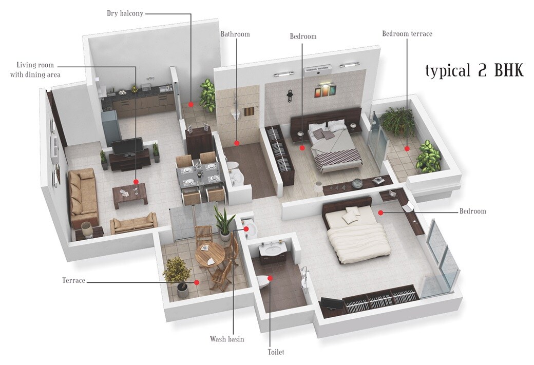 Floor plan of 3 BHK 970 Sq. Ft. Apartment in Prime Space Utsav Homes, Pune