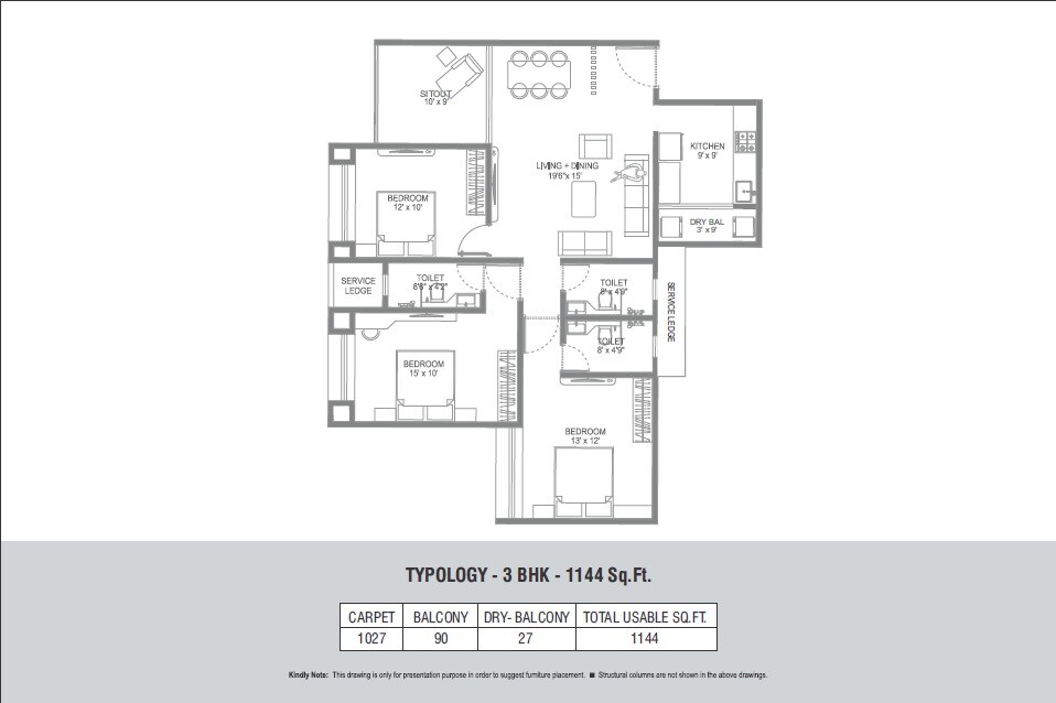 Floor plan of 3 BHK 1027 Sq. Ft. Apartment in Primespace The Address, Pune