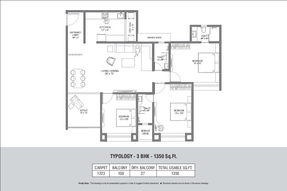Floor plan of 3 BHK 1223 Sq. Ft. Apartment in Primespace The Address, Pune