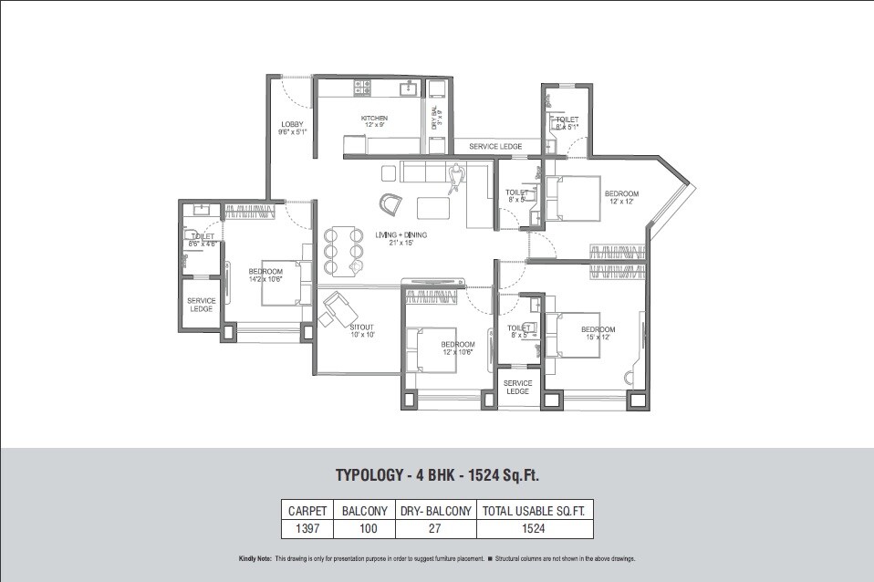 Floor plan of 4 BHK 1397 Sq. Ft. Apartment in Primespace The Address, Pune