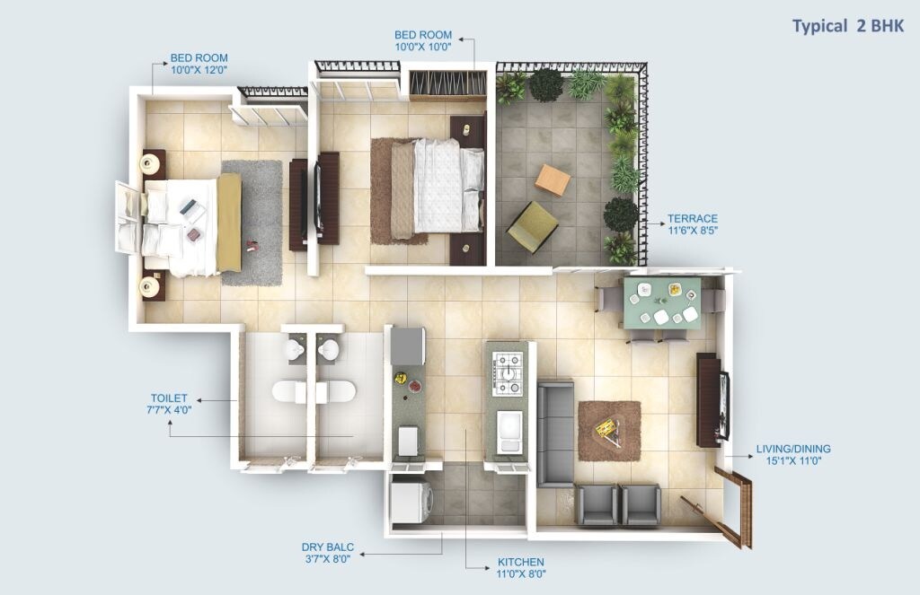 Floor plan of 2 BHK 563 Sq. Ft. Apartment in Primespace Utsav Homes III, Pune