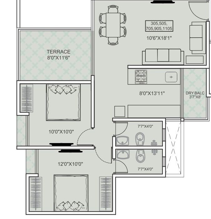Floor plan of 2 BHK 569 Sq. Ft. Apartment in Primespace Utsav Homes III, Pune
