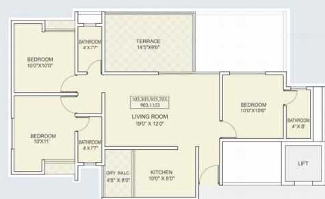 Floor plan of 3 BHK 973 Sq. Ft. Apartment in Primespace Utsav Homes III, Pune