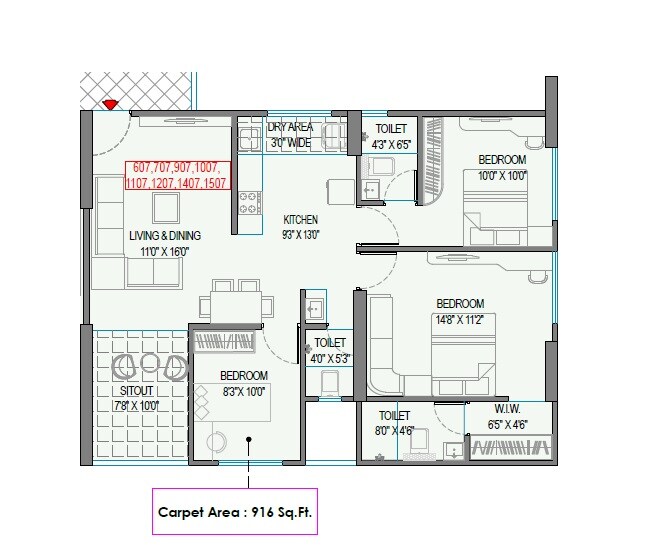 Floor plan of 3 BHK 916 Sq. Ft. Apartment in Swastik Prism City Skylife, Pune