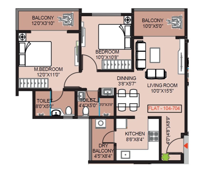 Floor plan of 2 BHK 812 Sq. Ft. Apartment in Prisma Central, Pune