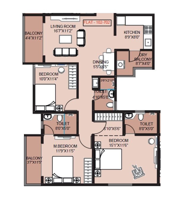Floor plan of 3 BHK 1093 Sq. Ft. Apartment in Prisma Central, Pune