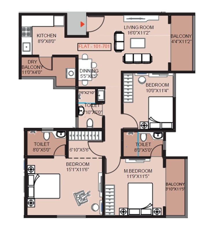 Floor plan of 3 BHK 1140 Sq. Ft. Apartment in Prisma Central, Pune