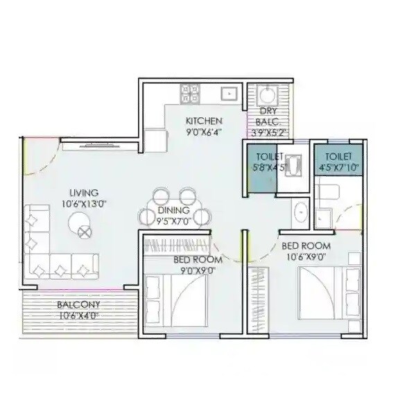 Floor plan of 2 BHK Apartment - 546 sq. ft. in Prisma Homes, Pune