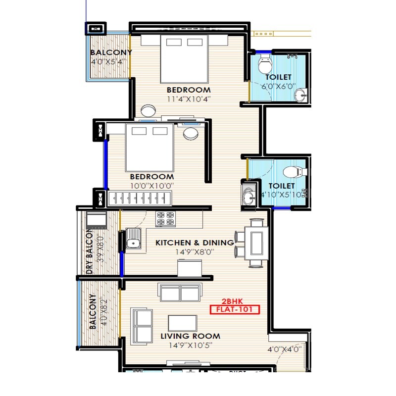 Floor plan of 2 BHK 631 Sq. Ft. Apartment in Prisma L, Pune