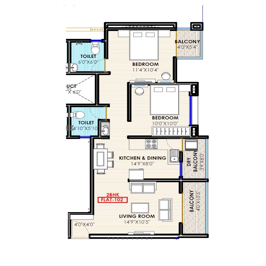 Floor plan of 2 BHK 663 Sq. Ft. Apartment in Prisma L, Pune