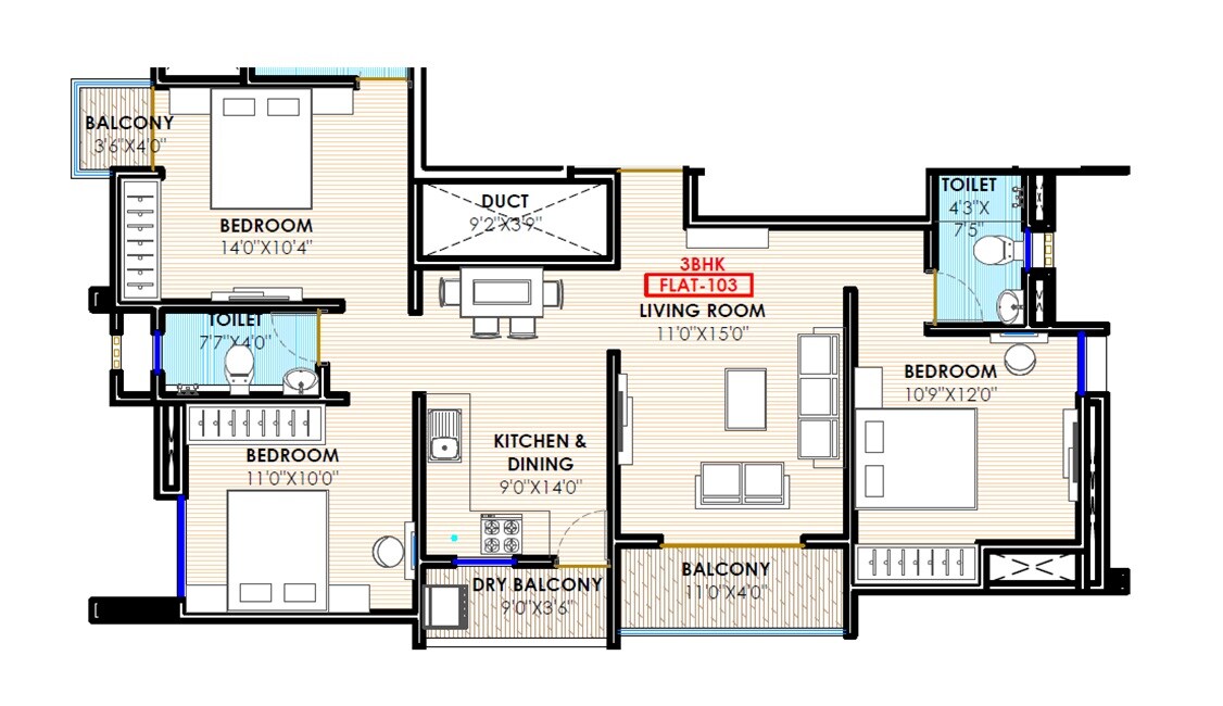 Floor plan of 3 BHK 794 Sq. Ft. Apartment in Prisma L, Pune