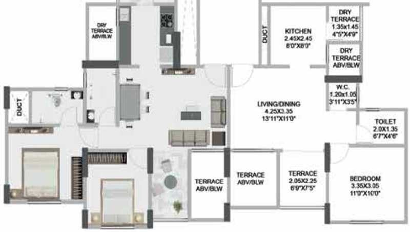Floor plan of 2 BHK 544 Sq. Ft. Apartment in Pristine Greens, Pune