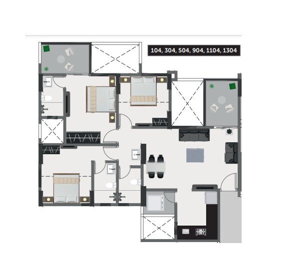 Floor plan of 3 BHK 749 Sq. Ft. Apartment in Pristine Greens, Pune