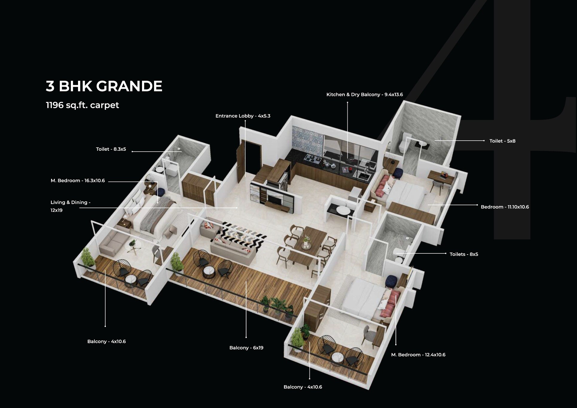 Floor plan of 3 BHK 1197 Sq. Ft. Apartment in Pristine ILife 4, Pune