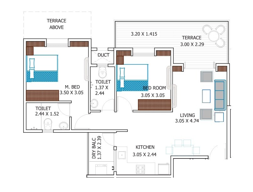 Floor plan of 2 BHK 595 Sq. Ft. Apartment in Pristine Pacific Phase 2, Pune