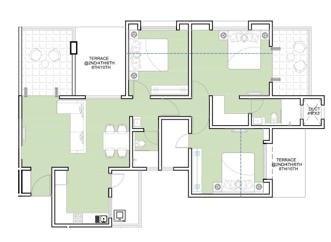 Floor plan of 3 BHK 795 Sq. Ft. Apartment in Pristine Pacific Phase 2, Pune