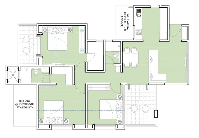 Floor plan of 3 BHK 802 Sq. Ft. Apartment in Pristine Pacific Phase 2, Pune
