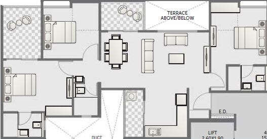 Floor plan of 3 BHK 1044 Sq. Ft. Apartment in Pristine Pronext, Pune