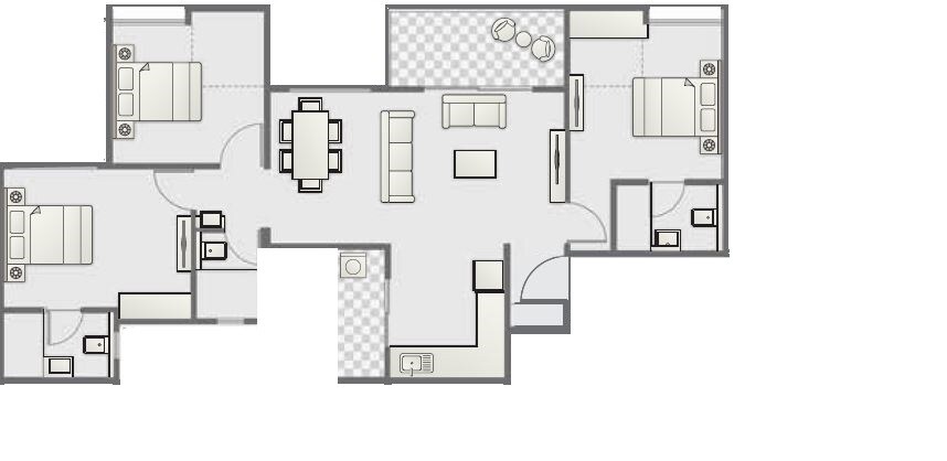 Floor plan of 3 BHK 990 Sq. Ft. Apartment in Pristine Pronext, Pune