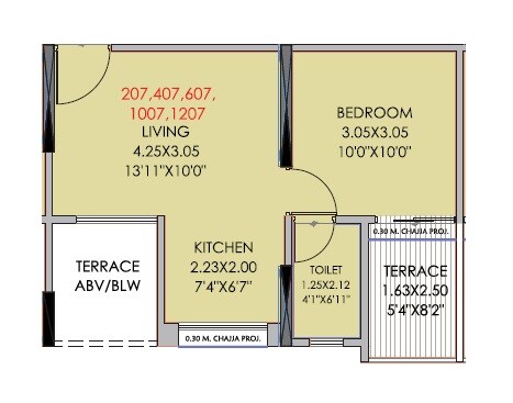 Floor plan of 1 BHK 341 Sq. Ft. Apartment in Pristine Prosperia, Pune