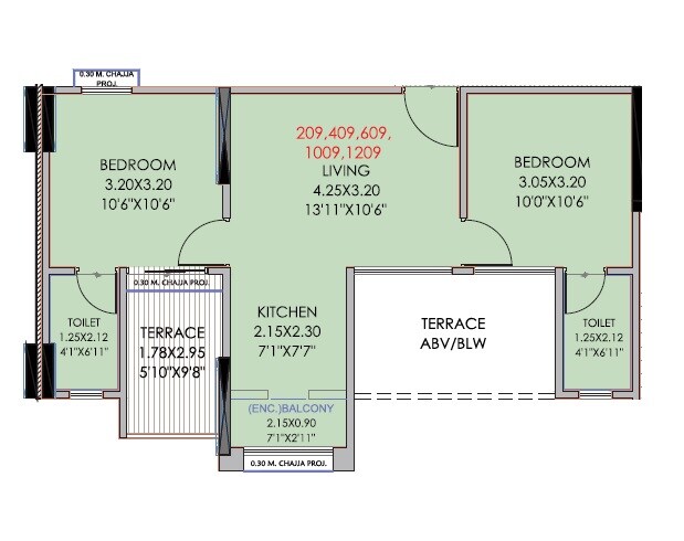 Floor plan of 2 BHK 464 Sq. Ft. Apartment in Pristine Prosperia, Pune