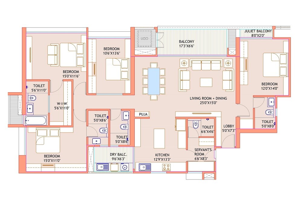 Floor plan of 4 BHK 1996 Sq. Ft. Apartment in Pristine The Lords, Pune