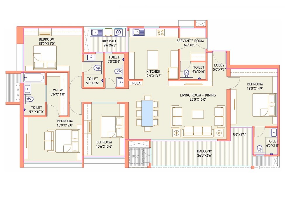 Floor plan of 4 BHK 2005 Sq. Ft. Apartment in Pristine The Lords, Pune
