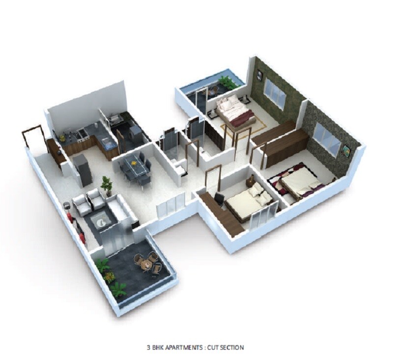 Floor plan of 3 BHK Apartment - 1185 sq. ft. in Prithvi Presidio, Pune