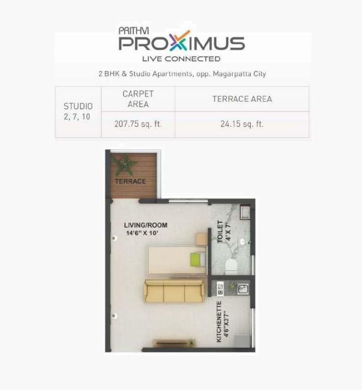 Floor plan of 232 Sq. Ft. Studio in Prithvi Proximus, Pune
