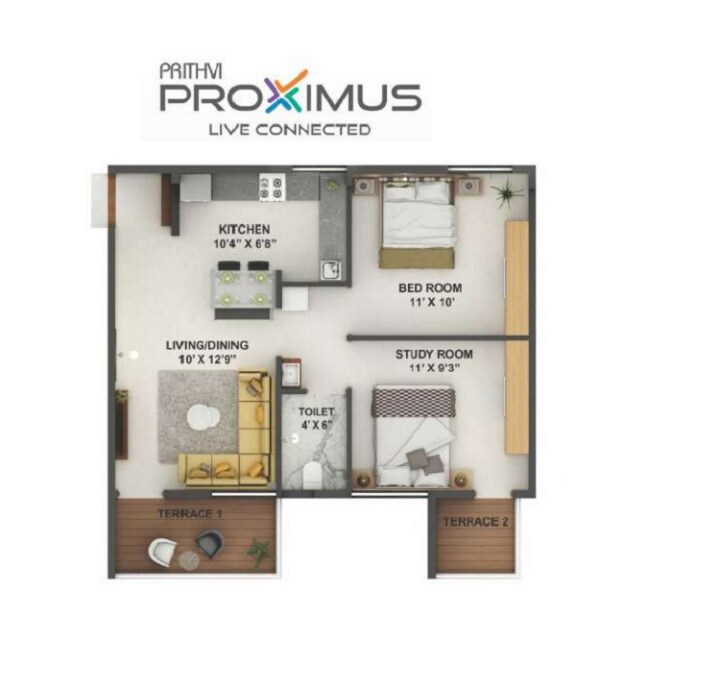 Floor plan of 2 BHK 490 Sq. Ft. Apartment in Prithvi Proximus, Pune