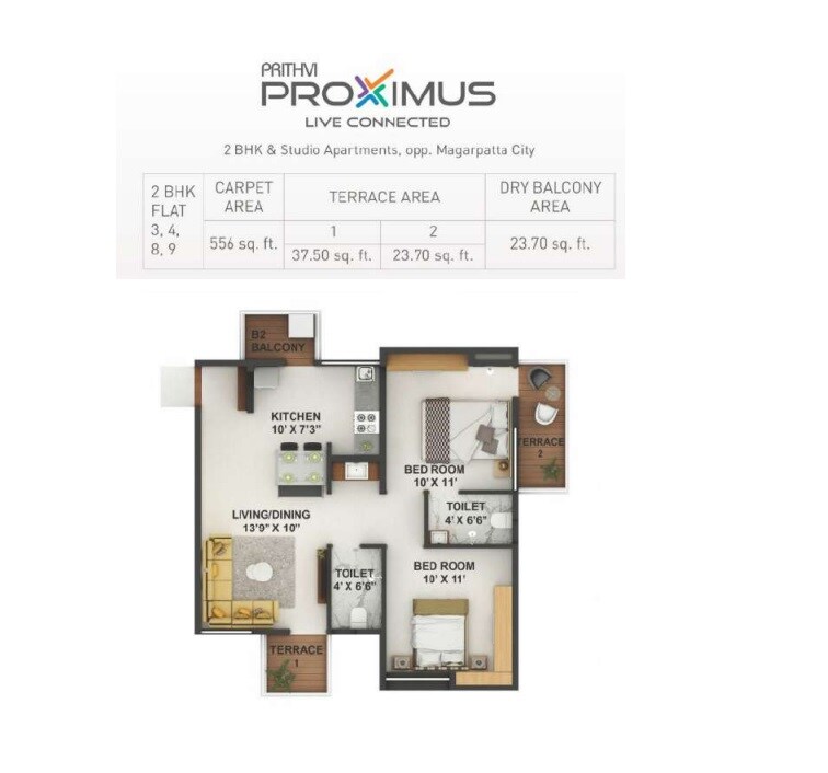 Floor plan of 2 BHK 580 Sq. Ft. Apartment in Prithvi Proximus, Pune