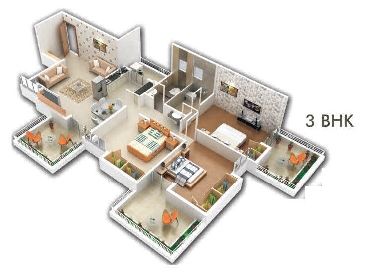 Floor plan of 3 BHK 1495 Sq. Ft. Apartment in Prithvi Sai Velocity Phase 1, Pune
