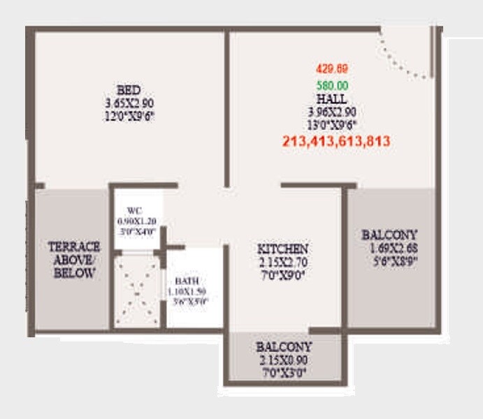 Floor plan of 1 BHK 450 Sq. Ft. Apartment in PRK Miracle, Pune