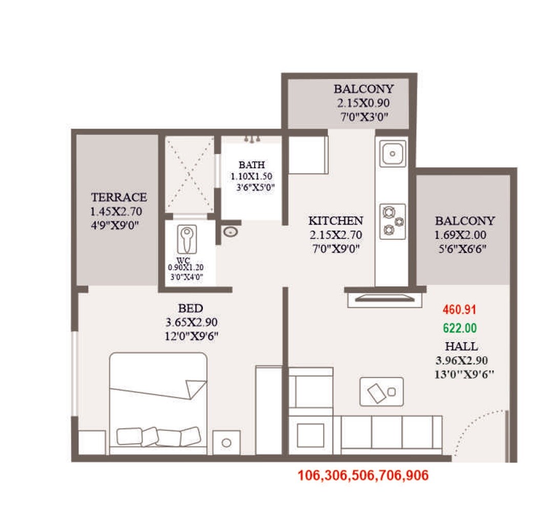 Floor plan of 1 BHK 461 Sq. Ft. Apartment in PRK Miracle, Pune