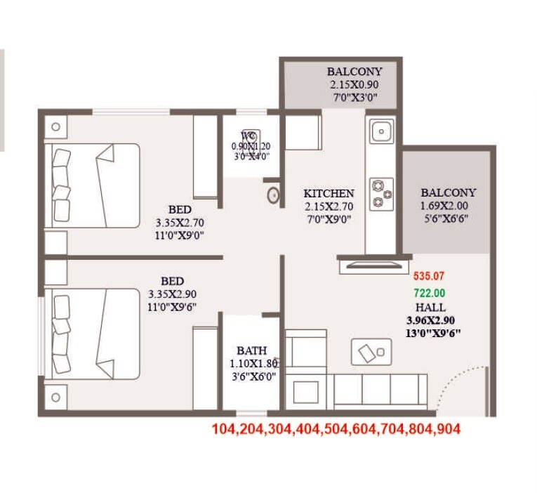 Floor plan of 2 BHK 535 Sq. Ft. Apartment in PRK Miracle, Pune