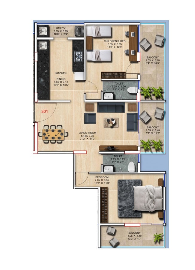 Floor plan of 2 BHK 1053 Sq. Ft. Apartment in PRM Saavan, Pune